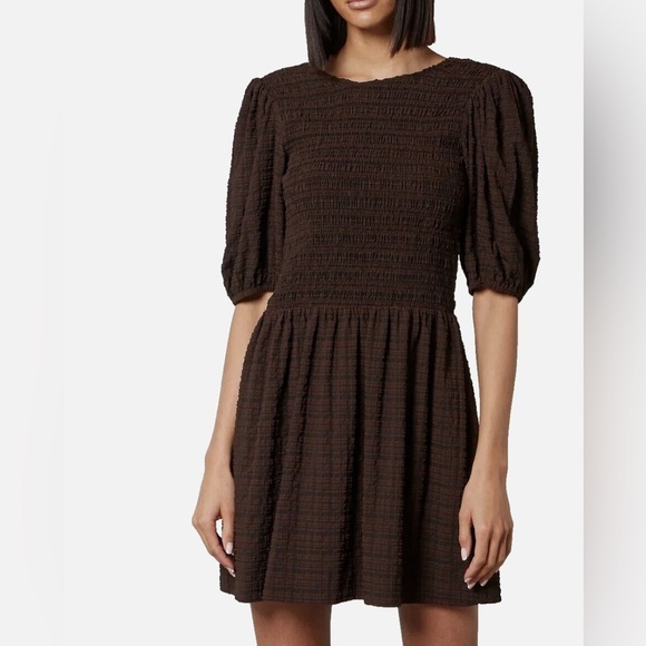 GANNI Brown Checked Seersucker Smocked Mini Dress US 38 - Picture 2 of 7